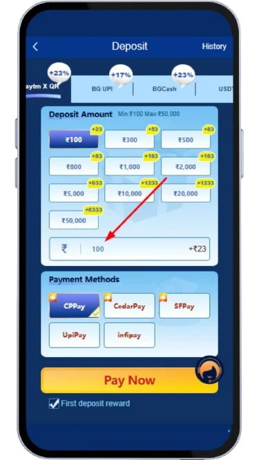 Enter the amount of money you want to deposit